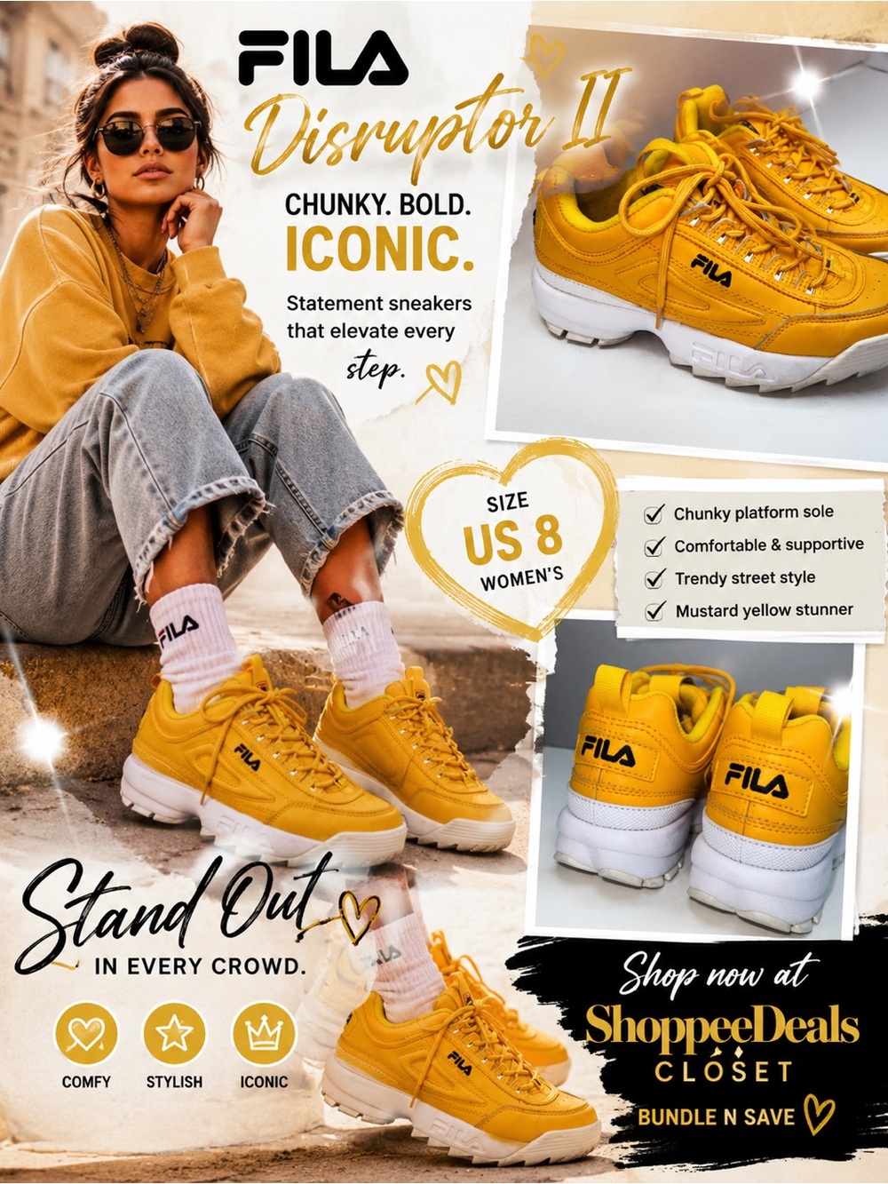FILA Disruptor II Women’s Sneakers – Mustard Yellow/Gold – Size 8